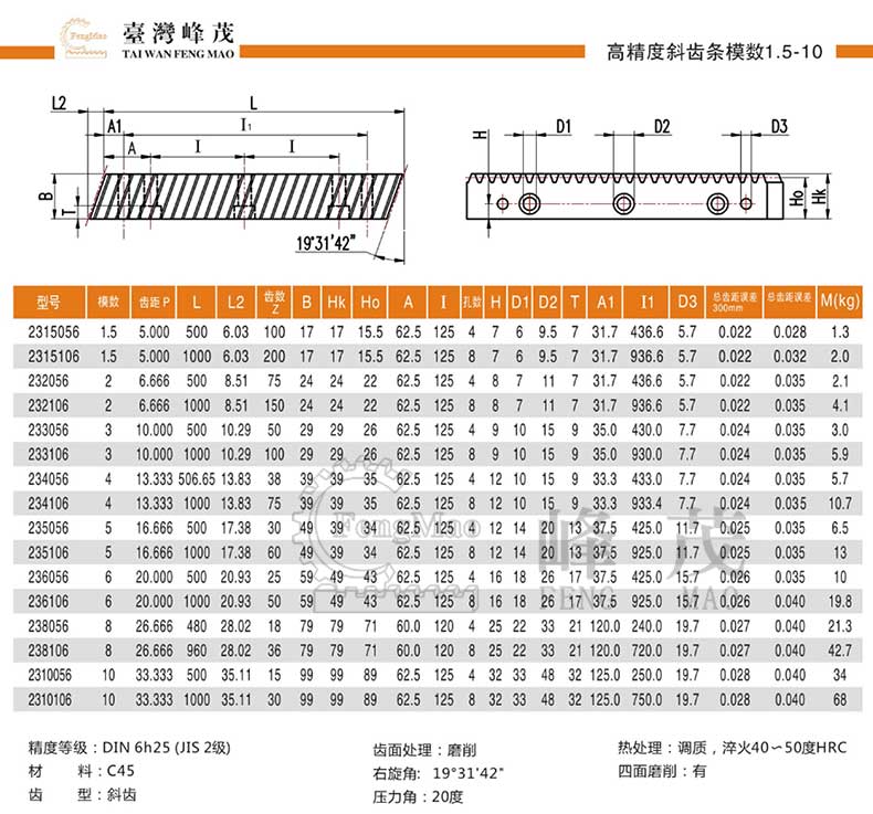 精密研磨斜齒條產品型號參數