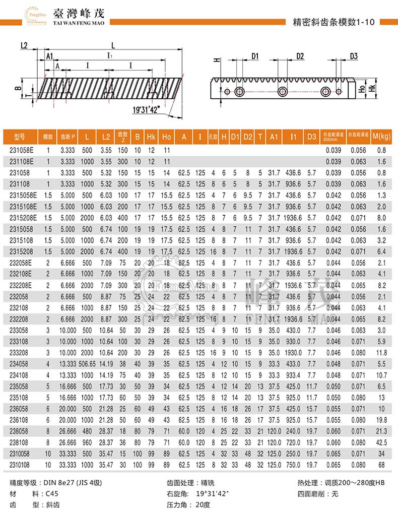 精密斜齒條產品規格參數